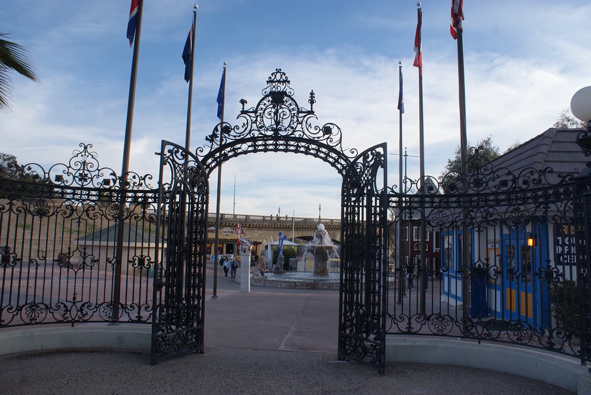 Stone gateway into the English Village at London Bridge