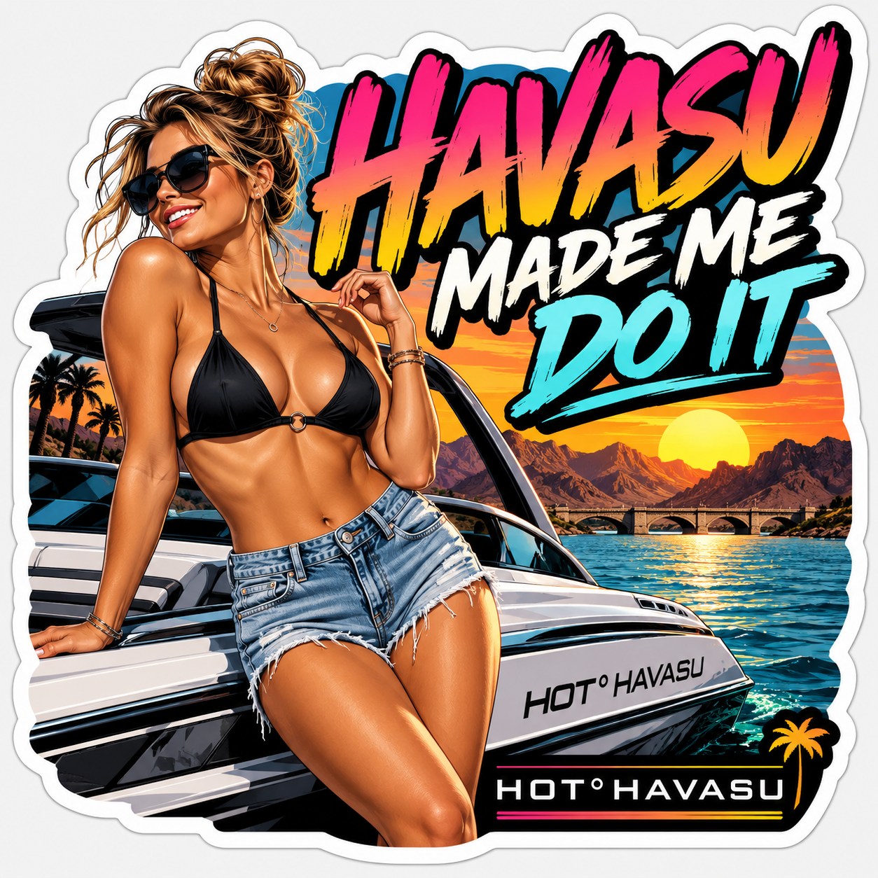Havasu made me do it sticker, sunset over the water